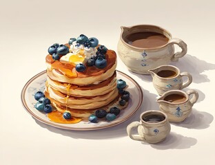 Stacked pancakes with blueberries, butter, whipped cream, and syrup, alongside mugs of coffee and syrup