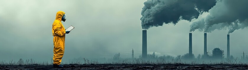 A worker in a protective suit examines pollution near industrial smokestacks.