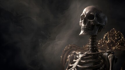 Intricately Rendered Eerie Human Skeleton in Baroque Aesthetic with Dramatic Lighting and Smoky Darkness