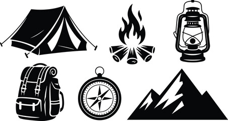 Camping icons set with tent, backpack, compass, mountain, fire, and lantern, perfect for outdoor adventure, hiking, and travel designs.