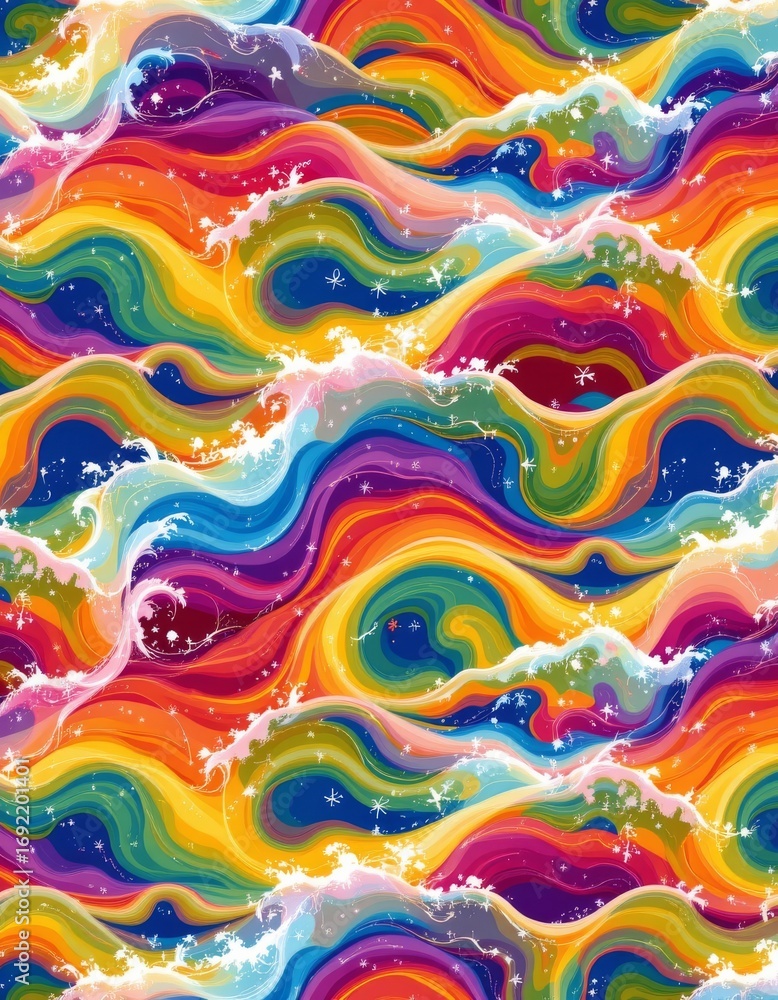 Poster the image features a vibrant, abstract depiction of flowing waves or currents in a multitude of brig