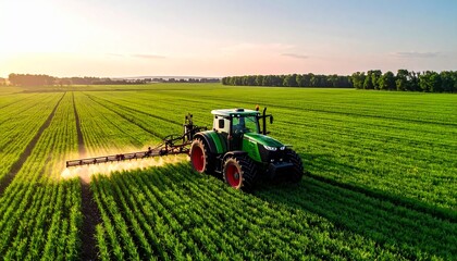 Fototapeta premium Tractor equipped with GPS and smart sensors working on a green field 