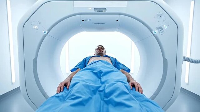 Male patient lying on a gurney preparing for a medical examination with a CT scanner in a hospital.