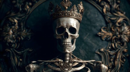 Intricately Rendered Eerie Human Skeleton in Baroque Aesthetic with Dramatic Lighting and Smoky Darkness