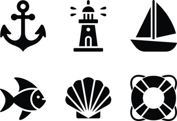 Marine icons collection, anchor, lighthouse, boat, fish, shell, lifebuoy, nautical symbols, sea elements, black silhouette, vector design