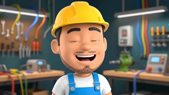 Cartoon Handyman Wearing Yellow Hard Hat in a Workshop Full of Tools and Equipment During the Daytime