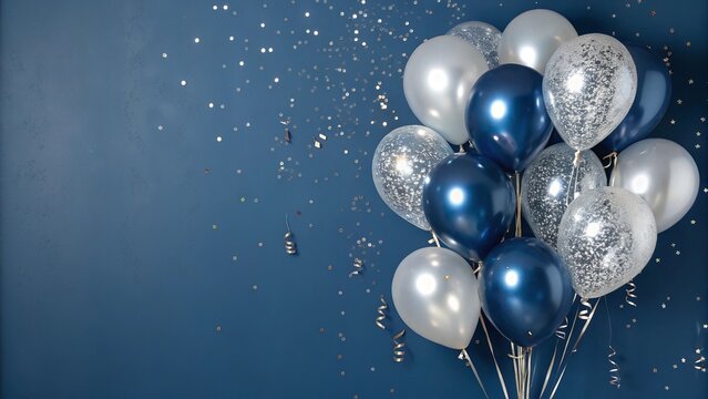 Silver and Navy Blue Balloons with Sparkles &ndash; Festive Celebration Banner with Copy Space - 4