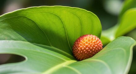 Close-up of a Vibrant Lychee Fruit nestled on a Lush Green Monstera Leaf Tropical Delight