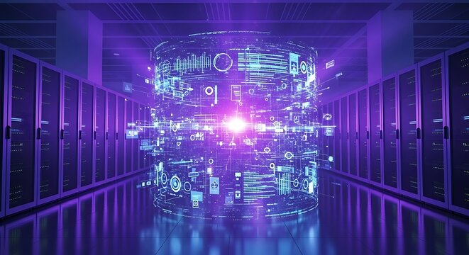 Data Center Visualization - Holographic Interface and Server Racks.