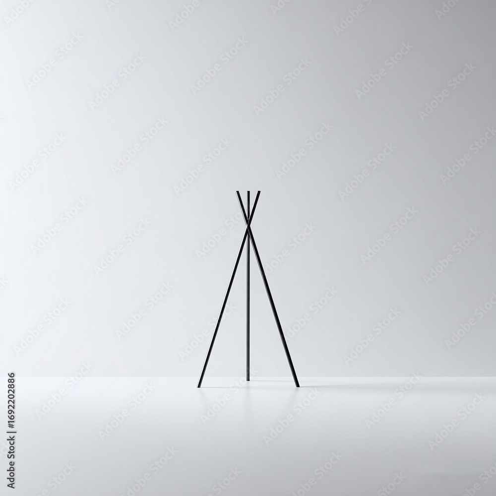 Poster minimalist composition with black tripod structure against a white backdrop. clean, abstract design 