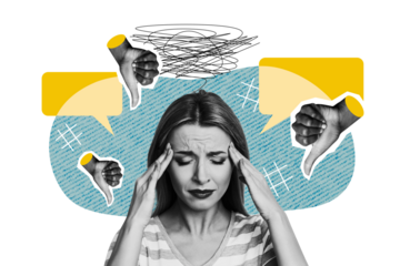 Composite photo collage of upset stressed blonde girl hold head hand show thumb down hate bullying victim isolated on painted background