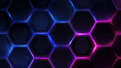 Dark hexagons with glowing neon lines.  Abstract, futuristic, geometric pattern of dark hexagons, outlined by vibrant neon blue and pink lines that seem to connect and flow between adjacent shapes.