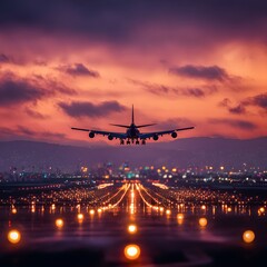 Airplane landing at dusk with vibrant sky and illuminated runway lights welcoming arrival