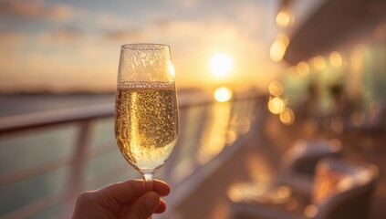 Champagne glass held aloft at sunset over water.  Sunset glow highlights a sparkling glass of champagne, held by a hand, on a cruise ship's outdoor deck