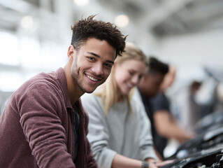 Smiling young man, with diverse group. Concept education, collaboration, learning, teamwork, automotive. Use for courses, success, community, support.