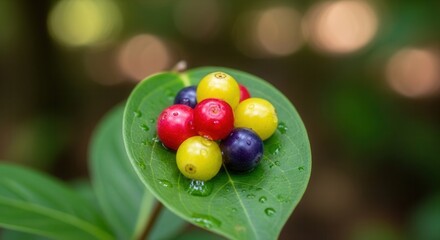 Colorful berries resting on a green leaf with water droplets in a lush forest setting