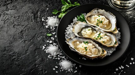 Three oysters on ice, garnished, on dark plate