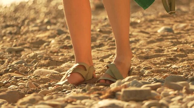 Feet Beach Walk on Sunny Pebble Sand, Summer Holiday Relaxation