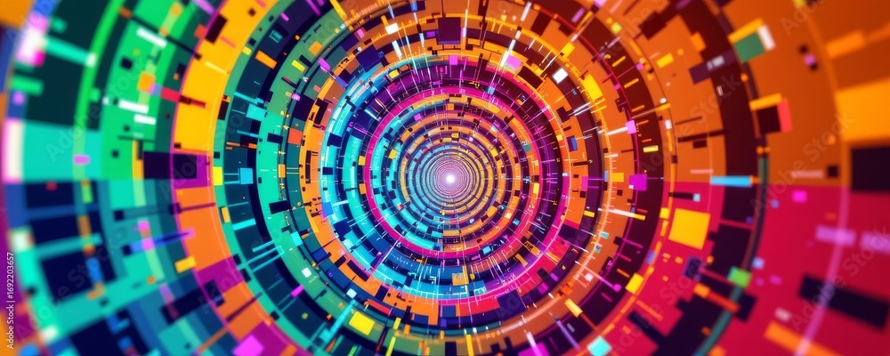 Poster the image features a vibrant, multicolored spiral pattern composed of numerous rectangular and squar