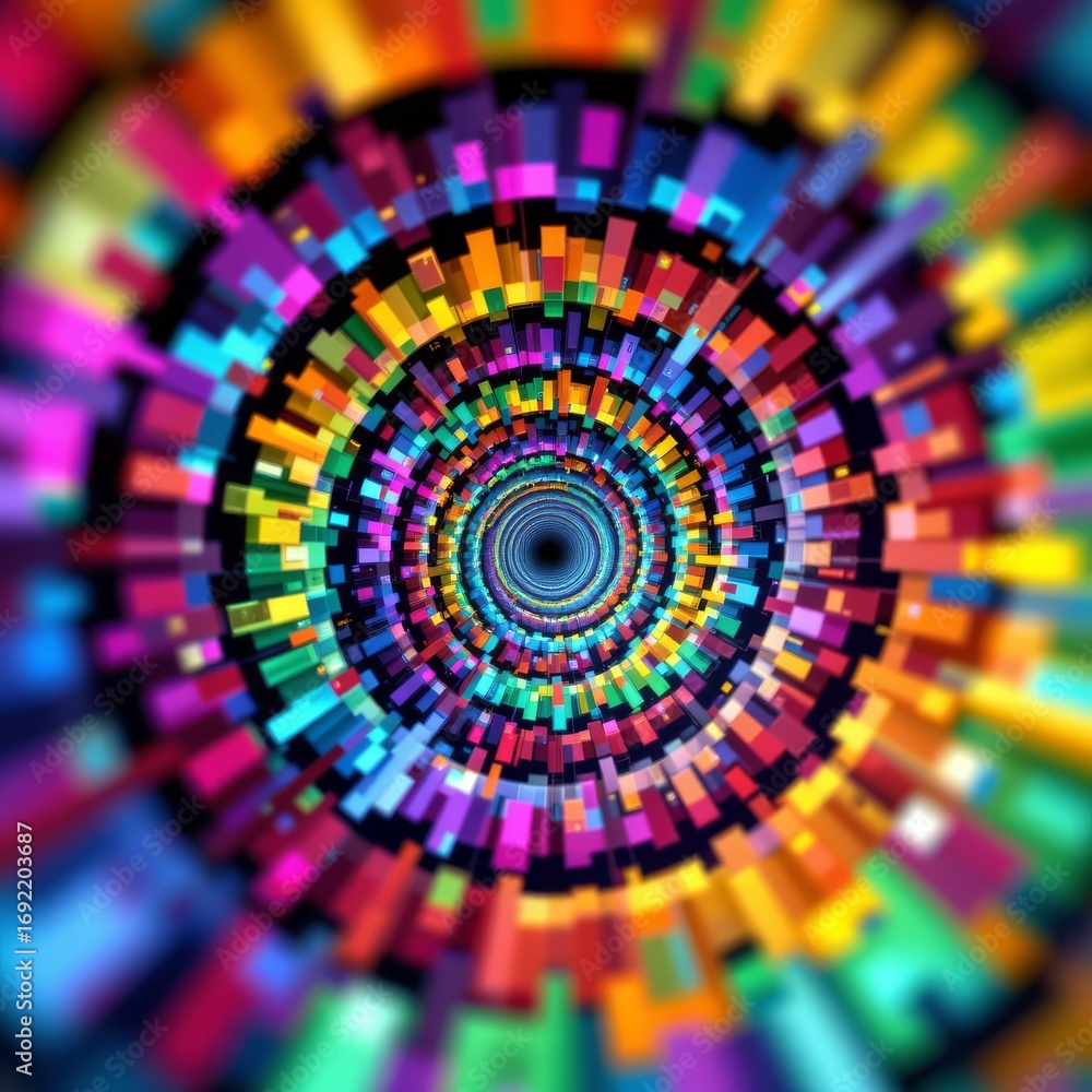 Poster the image features a vibrant, spiral pattern constructed from numerous small, colorful rectangular b