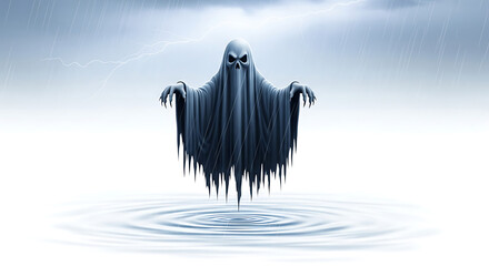 Halloween an eerie ghostlike figure hovers above rippling water, its spectral form shrouded in dark fabric, creating a chilling and mysterious scene against a bright, ethereal background