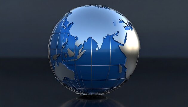 3D globe, metallic blue, silver continents, detailed map