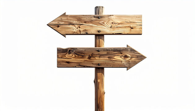 Directional Crossroads: A weathered wooden signpost points the way, with two arrows offering contrasting directions against a clean background, symbolizing choices and decisions.