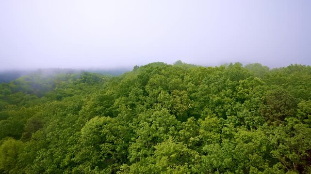 Cinematic drone glide above hazy, foggy mountain scenery.