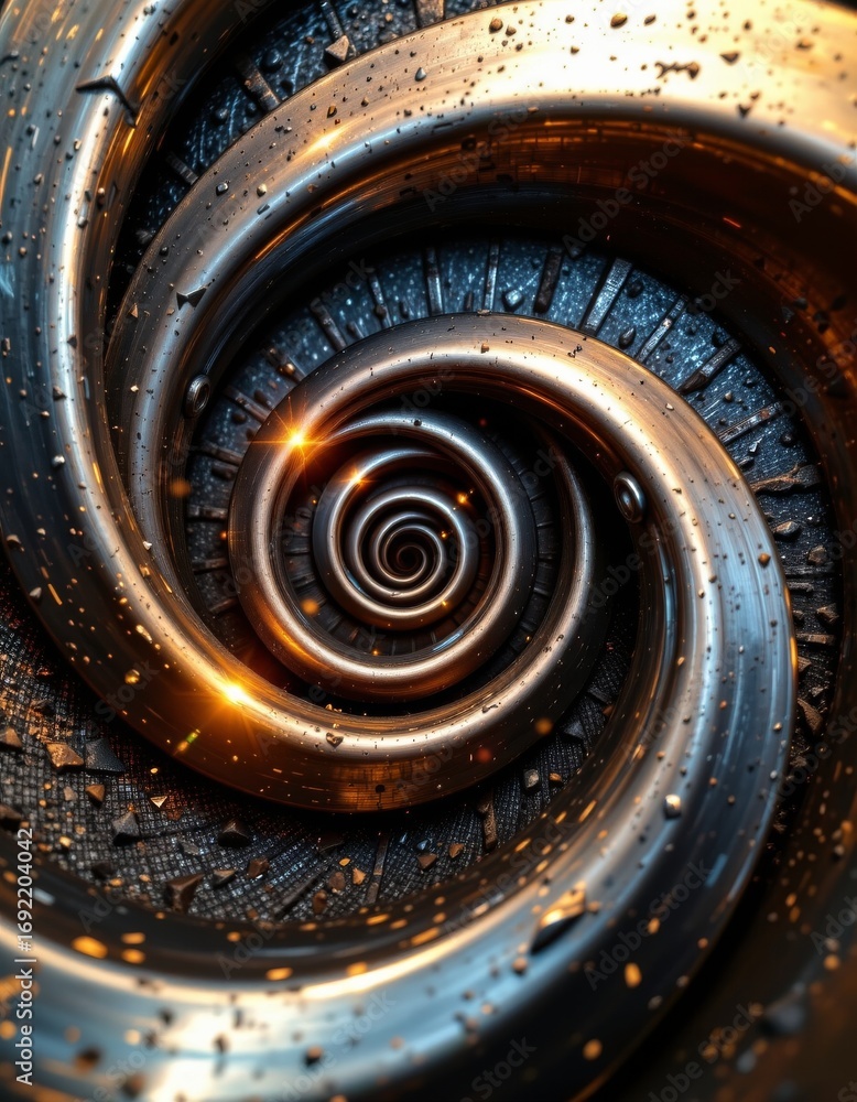 Poster the image depicts a mesmerizing spiral tunnel with a metallic, futuristic appearance, extending deep