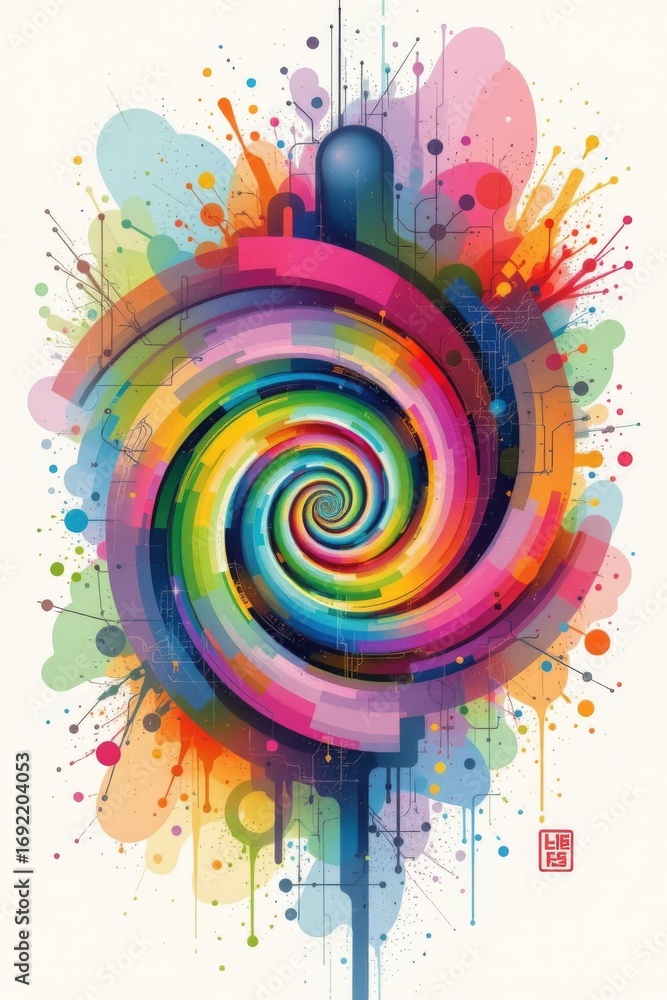 Poster the image features a vibrant, abstract design centered around a spiral pattern composed of multicolo