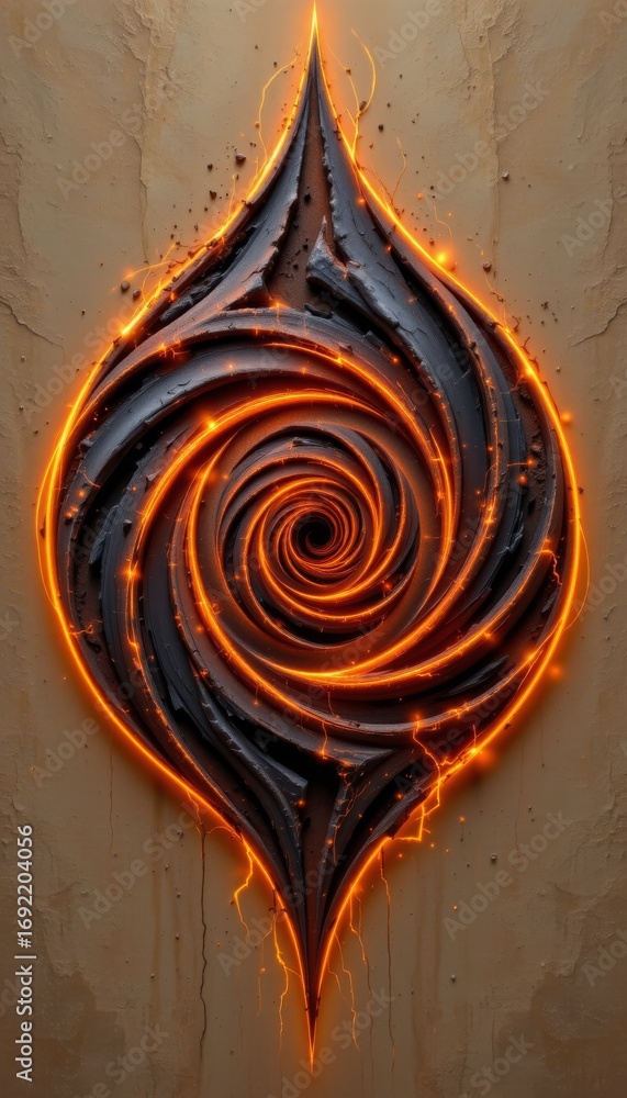 Aufkleber the image features a striking, abstract design resembling a swirling spiral or vortex with a pointed
