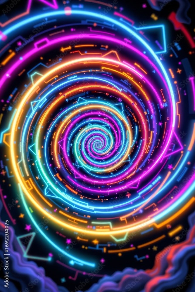 Poster the image features a vibrant, mesmerizing spiral pattern composed of neon colored lines and geometri