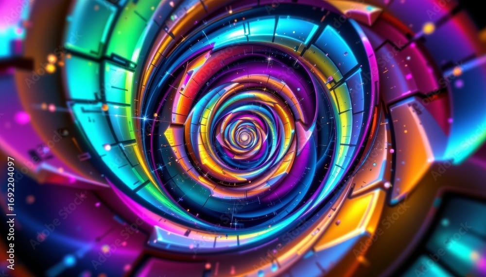 Poster the image features a vibrant, swirling tunnel composed of colorful, glowing geometric shapes and lin