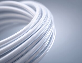 Abstract, swirling, white rings.  Close-up view of interconnected,  smooth,  tubular forms,  creating a  dynamic,  3D design.  Soft, muted  gray background