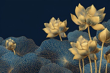 Golden lotus flowers with decorative leaves on dark blue background