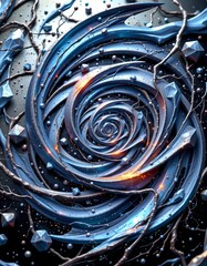 The image features a mesmerizing, abstract spiral formation composed of metallic, blue tinted ribbons that twist inward toward the center