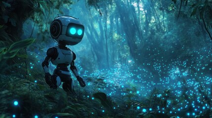 Fototapeta premium Robot explores glowing bioluminescent forest