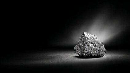 Fototapeta premium Gray Metallic Rock on Dark Surface with Spotlight Effect in Studio