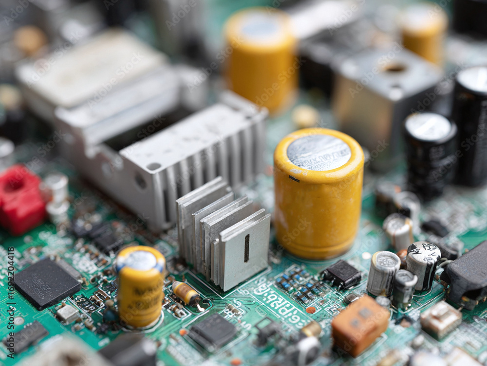 Poster macro shot of a detailed circuit board. represents technology, engineering, innovation, and electron