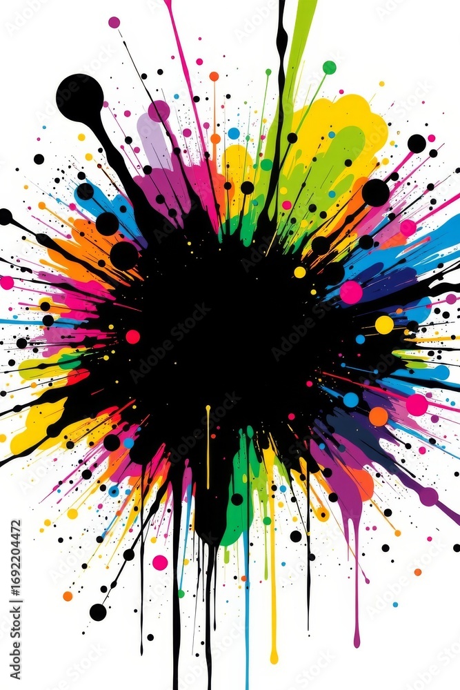 Poster the image features a central black void surrounded by an explosion of multicolored splatters and dri