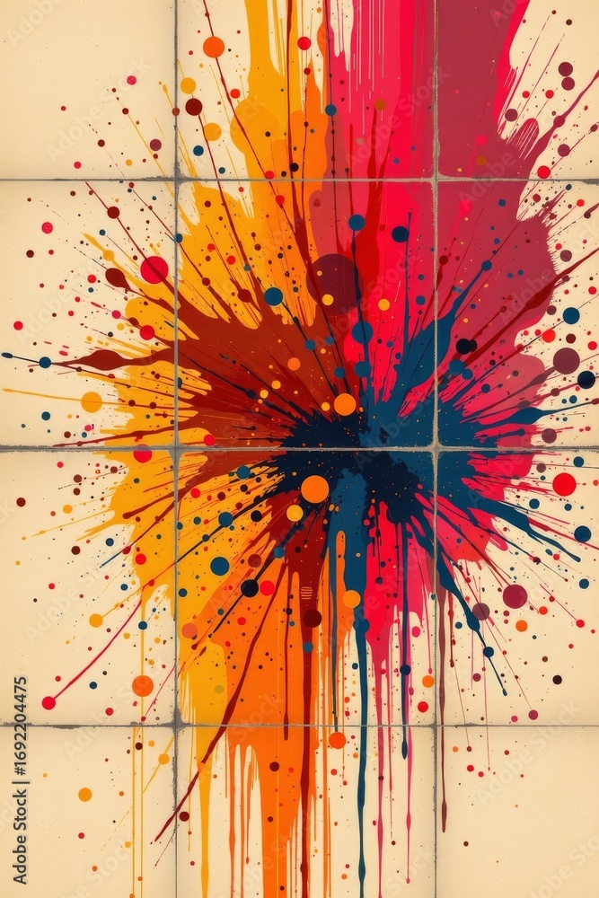 Aufkleber the image features a vibrant, abstract splatter design composed of multiple bold colors, including r