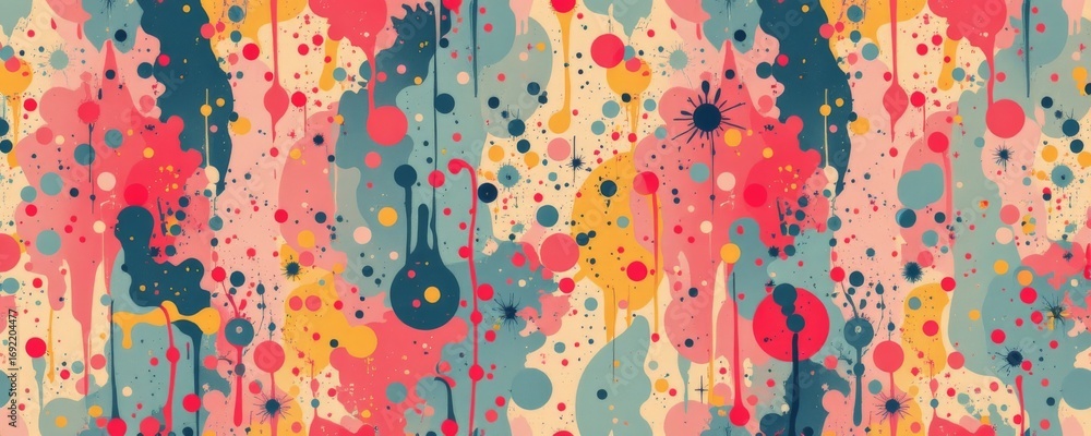 Poster the image features an abstract, vibrant pattern composed of numerous colorful paint splatters and dr