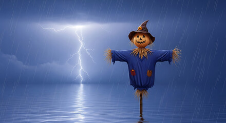 Halloween a scarecrow stands in a flooded field under a stormy sky with lightning, creating a surreal and slightly eerie scene, blending rural charm with dramatic weather