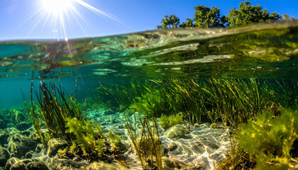 Underwater Paradise: A serene snapshot captures the enchanting allure of the marine world, with vibrant underwater flora, the shimmering surface, and the sun's radiant touch. 