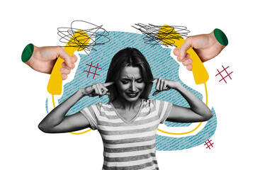 Composite photo collage of upset blonde girl shut ears work pressure telecommunication handset call...
