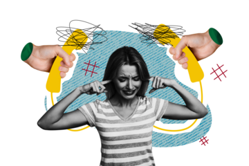 Composite photo collage of upset blonde girl shut ears work pressure telecommunication handset call center isolated on painted background