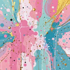 The image features an abstract explosion of colors with splashes of pink, blue, white, and gold