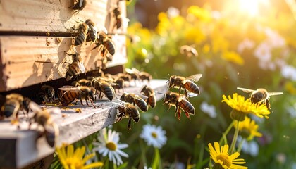 Busy bees flying around a beehive in a sunny garden