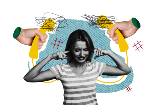 Composite photo collage of upset blonde girl shut ears work pressure telecommunication handset call center isolated on painted background