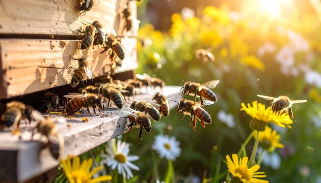 Busy bees flying around a beehive in a sunny garden